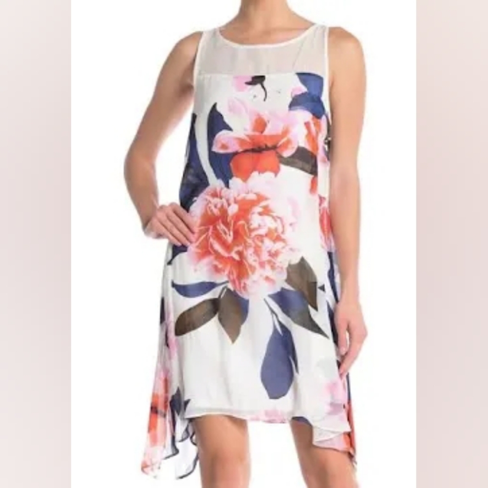Robbie Bee Pink Ivory Blush Asymmetrical Hem Slit Floral Dress Sz 6 NWT